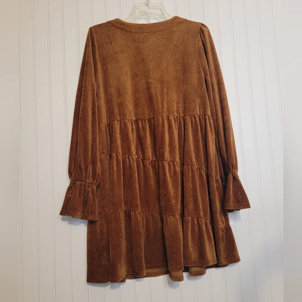 ​Rust Corduroy Babydoll Dress Tiered V-Neck Long Ruffle Sleeve Cozy Fall Sz L